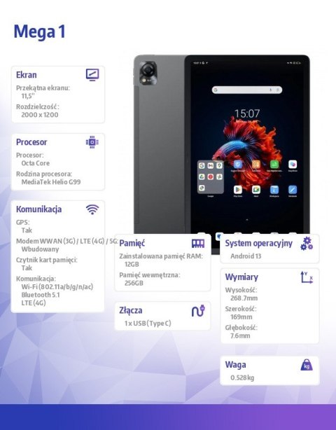 Tablet Mega 1 11.5 cala 12/256GB 8800 mAh szary Tablet Mega 1 11.5 cala 12/256GB 8800 mAh szary