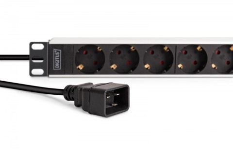 Listwa zasilająca PDU Rack 19", 9 gniazd Schuko CEE 7/3 (45°), kabel 2m wtyk IEC C20, 16A, aluminiowa Listwa zasilająca PDU Rack 19", 9 gniazd Schuko CEE 7/3 (45°), kabel 2m wtyk IEC C20, 16A, aluminiowa