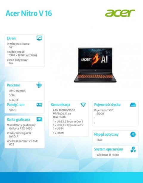 Notebook ANV16-41-EP Win11H R5-8645HS/16GB/512GBSSD/RTX4050/16cali Notebook ANV16-41-EP Win11H R5-8645HS/16GB/512GBSSD/RTX4050/16cali
