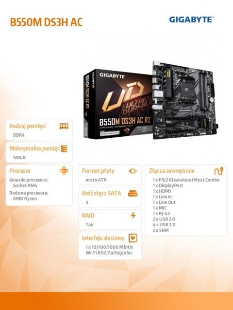 Płyta główna B550M DS3H AC R2 AM4 4DDR4 HDMI/DVI mATX Płyta główna B550M DS3H AC R2 AM4 4DDR4 HDMI/DVI mATX