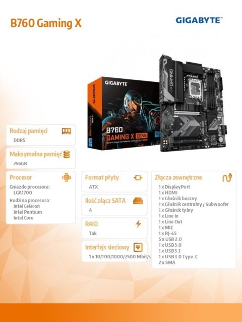 Płyta główna B760 GAMING X GEN5 s170 0 4DDR5 DP/HDMI ATX Płyta główna B760 GAMING X GEN5 s170 0 4DDR5 DP/HDMI ATX