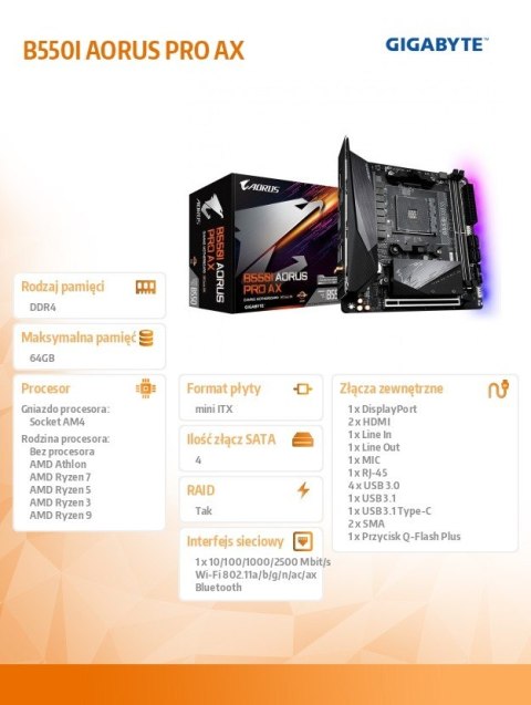 GIGABYTE Płyta główna B550I AORUS PRO AX AM4 2DDR4 HDMI/DP mITX GIGABYTE Płyta główna B550I AORUS PRO AX AM4 2DDR4 HDMI/DP mITX