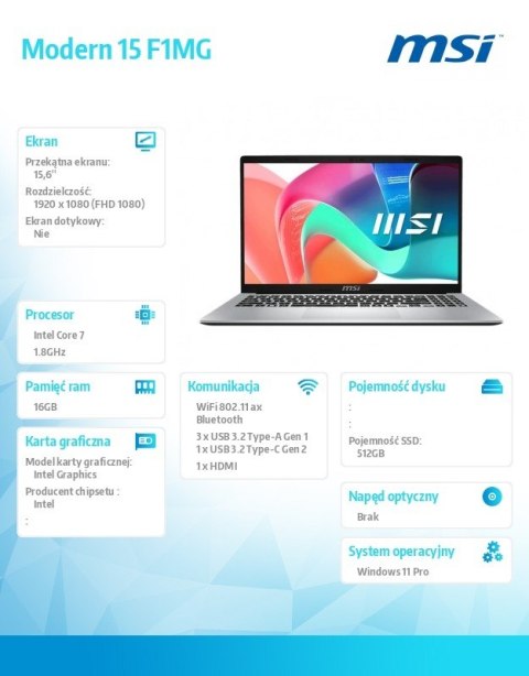 Notebook Modern 15 F1MG-663PL WIN11PRO/IC7-150U/16GB/512SSD/Int/15.6''/3Y Notebook Modern 15 F1MG-663PL WIN11PRO/IC7-150U/16GB/512SSD/Int/15.6''/3Y
