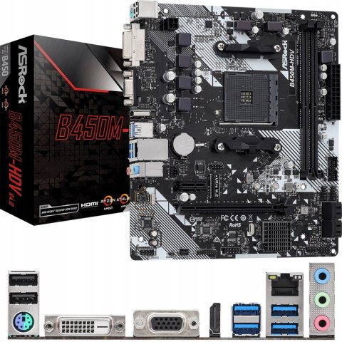 ASROCK Płyta główna B450M-HDV R4.0 AM4 2DDR4 VGA/DVI/HDMI/M.2 uATX ASROCK Płyta główna B450M-HDV R4.0 AM4 2DDR4 VGA/DVI/HDMI/M.2 uATX