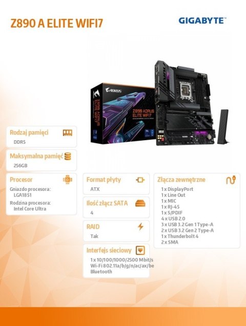 GIGABYTE Płyta główna Z890 A ELITE WIFI7 GIGABYTE Płyta główna Z890 A ELITE WIFI7