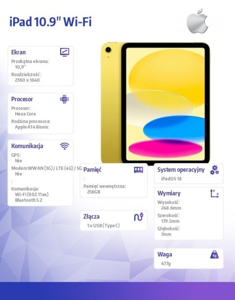 IPad 10.9 cala Wi-Fi 256GB Żółty IPad 10.9 cala Wi-Fi 256GB Żółty
