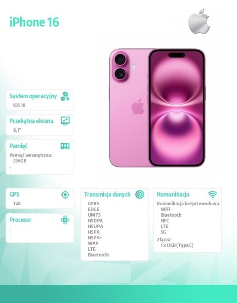 IPhone 16 256GB - Różowy IPhone 16 256GB - Różowy