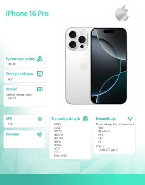 IPhone 16 Pro 256GB - Tytan biały IPhone 16 Pro 256GB - Tytan biały