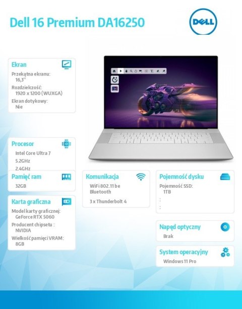 Laptop Dell 16 Premium DA16250 Win11Pro U7-255HX|32GB|1TB SSD|NVIDIA GeForce RTX 5060, 8GB GDDR7|WLAN + BT|16.3 FHD|Backlit Kb|6