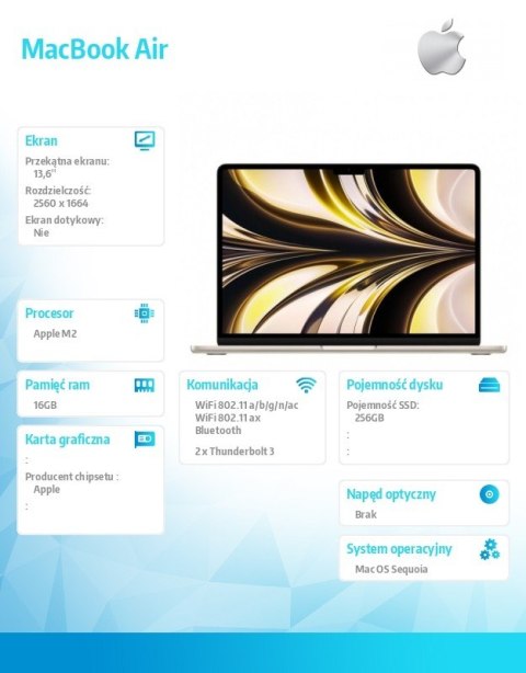 MacBook Air 13.6: M2 8/8, 16GB, 256GB - Księżycowa poświata MC7W4ZE/A MacBook Air 13.6: M2 8/8, 16GB, 256GB - Księżycowa poświata MC7W4ZE/A