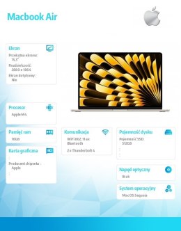 MacBook Air 15.3 cala: M4 10/10, 16GB, 512GB - Księżycowa Poświata