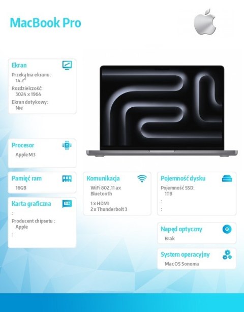 MacBook Pro 14.2: M3 8/10, 16GB, 1TB SSD - Gwiezdna szarość MacBook Pro 14.2: M3 8/10, 16GB, 1TB SSD - Gwiezdna szarość