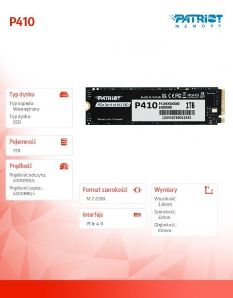 Dysk SSD 1TB P410 PCIe M.2 Gen4 x4 NVMe 1.4 2280 5000/4500MB/s Dysk SSD 1TB P410 PCIe M.2 Gen4 x4 NVMe 1.4 2280 5000/4500MB/s
