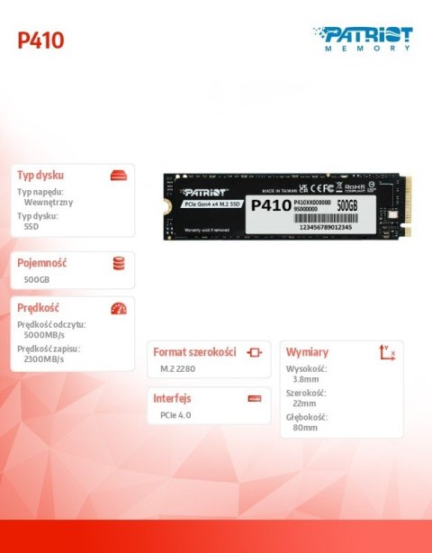 Dysk SSD 500GB P410 PCIe M.2 Gen4 x4 NVMe 1.4 2280 5000/2300MB/s Dysk SSD 500GB P410 PCIe M.2 Gen4 x4 NVMe 1.4 2280 5000/2300MB/s