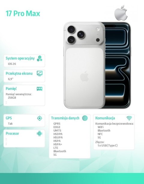 IPhone 17 PRO MAX Srebrny 256GB IPhone 17 PRO MAX Srebrny 256GB
