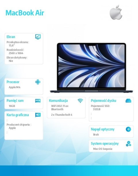 Mabook Air 13.6 M4/10C/10C /16GB/512GB/70W Północ Mabook Air 13.6 M4/10C/10C /16GB/512GB/70W Północ
