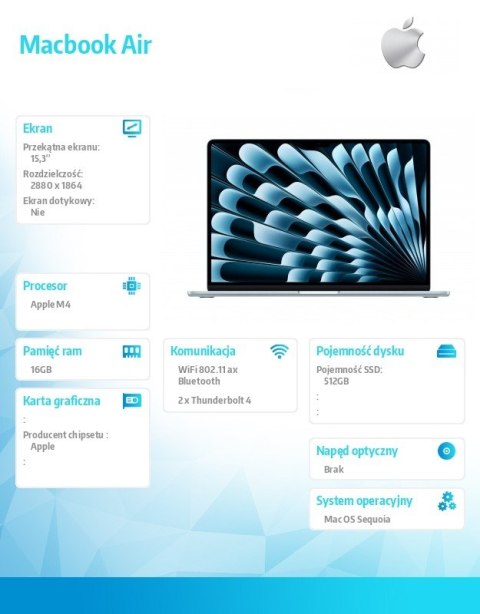 MacBook Air 15.3 cala: M4 10/10, 16GB, 512GB, 35W - Błękitny - MC7A4ZE/A/D1 MacBook Air 15.3 cala: M4 10/10, 16GB, 512GB, 35W - Błękitny - MC7A4ZE/A/D1