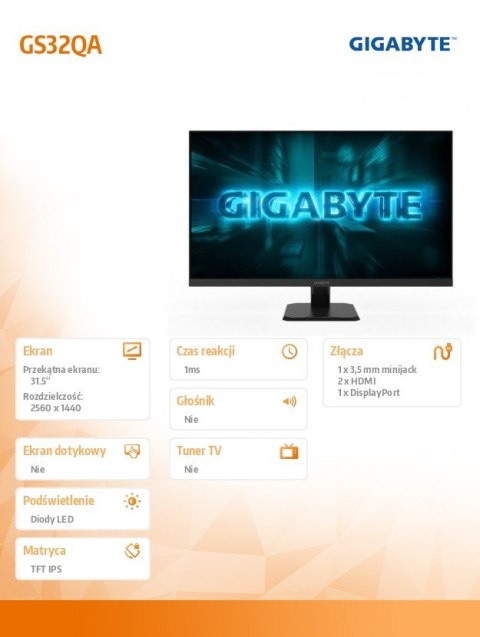 Monitor 32 cale GS32QA AORUS IPS QHD 2xHDMI DP Monitor 32 cale GS32QA AORUS IPS QHD 2xHDMI DP