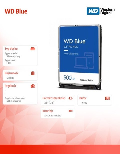 Dysk HDD Blue 500GB 2,5 cala 16MB SATAIII/5400rpm
